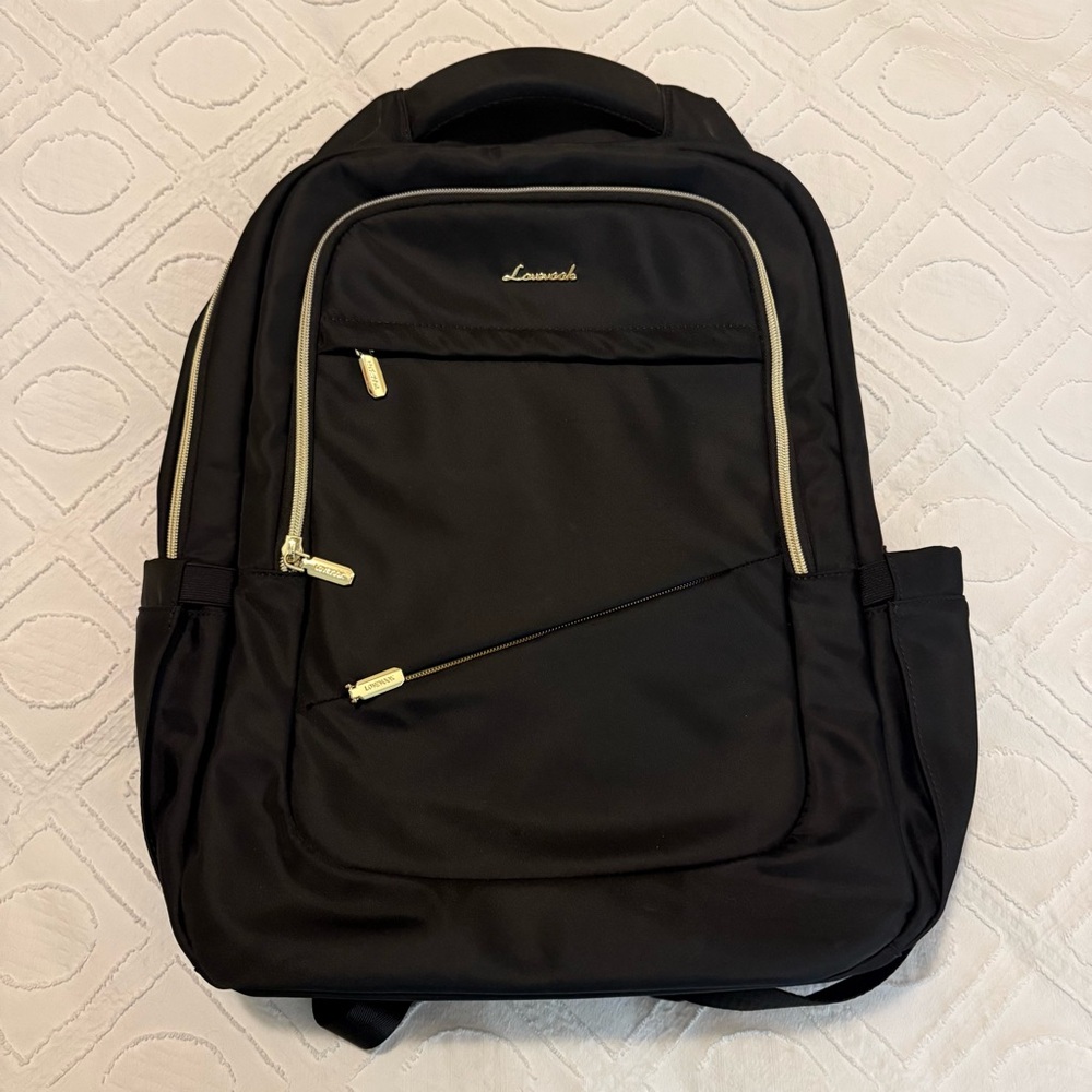 Black/Gold Laptop Backpack with Durable Fabric and Padded Straps
